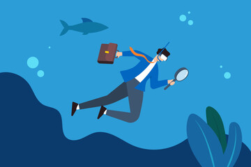 Flat illustration of businessman scuba diving in deep blue ocean with magnifying glass symbolizing deep dive analysis for market improvement
