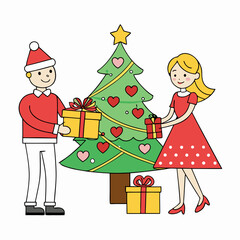 Illustrations of a couple exchanging gifts