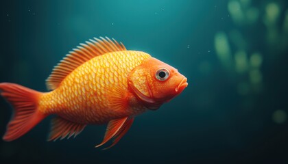 Naklejka premium A vibrant goldfish swims gracefully in clear water, showcasing its bright orange color and delicate fins.