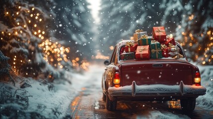 Obraz premium Classic car with gifts on snowy road in winter forest