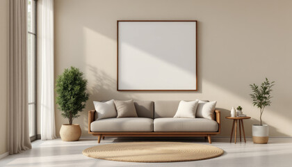 a gray sofa with two pillows, a large white picture frame on the wall, and two potted plants. Cozy modern living room with photo frame design