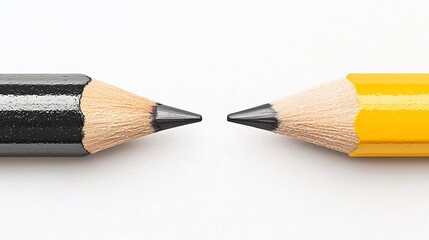 Close-up of sharpened black and yellow pencils tips facing each other on white background.