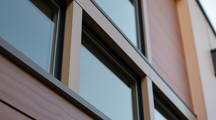 Fototapeta premium Modern Architectural Design: Sleek Windows and Wood Facade. Clean lines and sophisticated style of contemporary home architecture. High-end real estate photography.