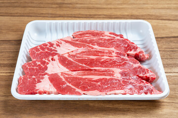 angle view fresh raw beef slices