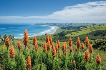 Orange flowers blooming on coastal cliffs overlooking the pacific ocean in new zealand