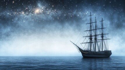Obraz premium Sailing Ship at Night Under Starry Sky Ocean Voyage