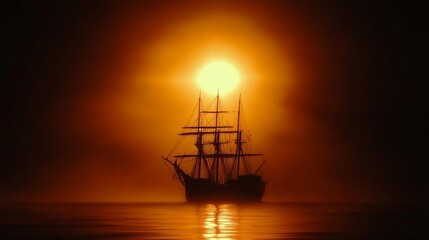 Sailing Ship at Sunset Silhouette Ocean Mist Golden Hour