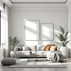 a gray sectional sofa with two throw pillows, a coffee table, and two potted plants. Cozy modern living room with photo frame design