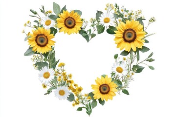 A high-resolution heart-shaped wreath of sunflowers, daisies, and greenery cutout