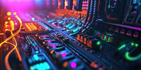 Obraz premium Close-up of a futuristic server board with intricate circuits and colorful neon lights