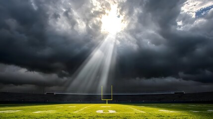Empty football stadium under dramatic sky, showcasing solitude and anticipation in sports, symbolizing moments of pause before the roar of the crowd returns