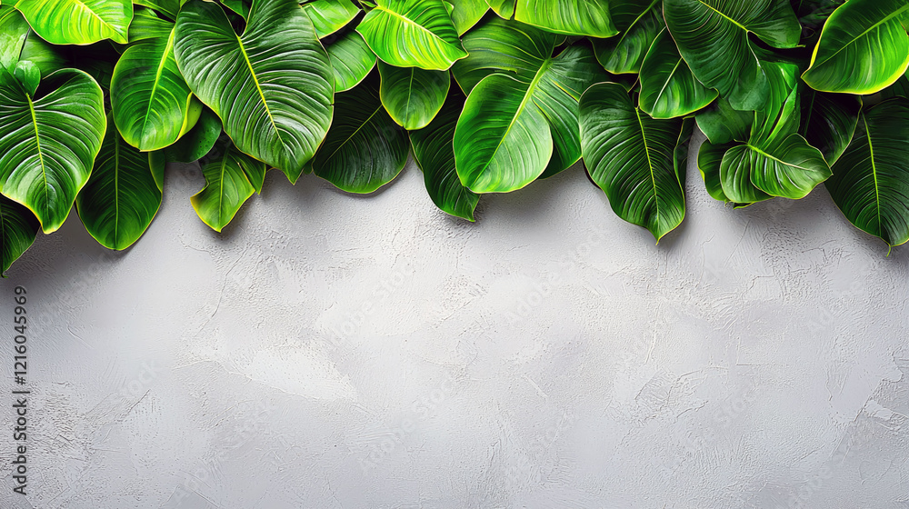 Wall mural Lush Tropical Leaves on Gray Concrete Background: Nature Photography