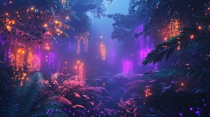 Fototapeta premium Enchanted misty forest illuminated by glowing bioluminescent plants and sparkling magical lights in a surreal atmosphere