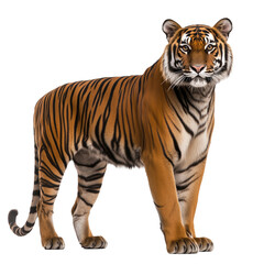 Obraz premium Realistic tiger portrait with vibrant colors isolated on white or transparent background, png. Easy to place on any other background