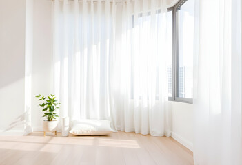 Bright minimalist interior, potted plant on wooden table, white curtains, diffused natural light, clean aesthetic, empty space, zen atmosphere, soft shadows, beige tones, simplicity, peaceful ambiance