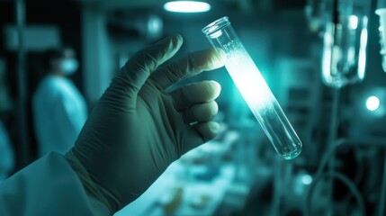 Hand holding a glass tube containing liquid in a laboratory setting