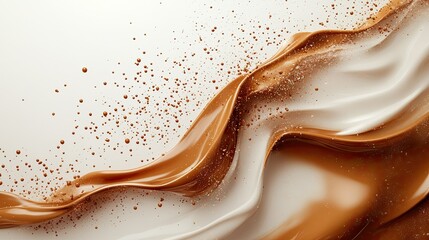 Dripping waves of melted chocolate with drops on a white background. Concept for autumn hot drinks, food illustrations, or invitations for holiday ads. 