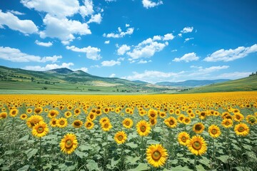 Obraz premium A sunflower field under a clear blue sky with scattered clouds, where the vibrant yellow blooms create a cheerful and uplifting scene