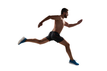 Runner at long sport run. Sportsman runner running isolated on white. Sport run. Muscular man running. Sportsman jogger running. Man sportsman running for exercise. Sport athlete man run