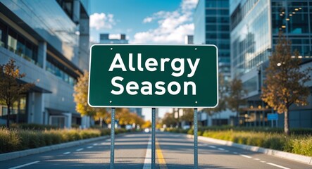 Obraz premium allergy season text on road sign in middle of modern business city background
