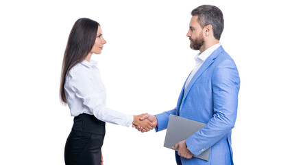 successful business partnership of two businesspeople partner celebrating success with handshake isolated on white