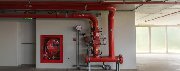 Room Fire suppression system installation with a alarm check valve. Fire suppression system and fire equipment Room.