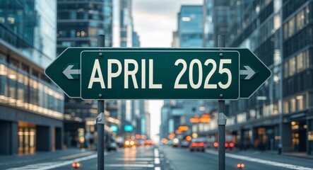 Obraz premium april 2025 text on road sign in middle of modern business city background