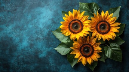 Sunflowers, teal background, autumn, floral arrangement, greeting card