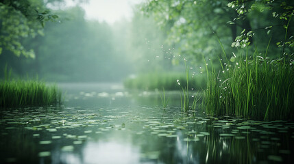 Peaceful water scene with lush greenery and soft light in a serene natural setting