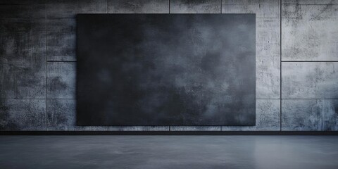 Fototapeta premium Dark Canvas Hangs on a Textured Concrete Wall in Empty Room, Minimalist Interior Design Inspiration.
