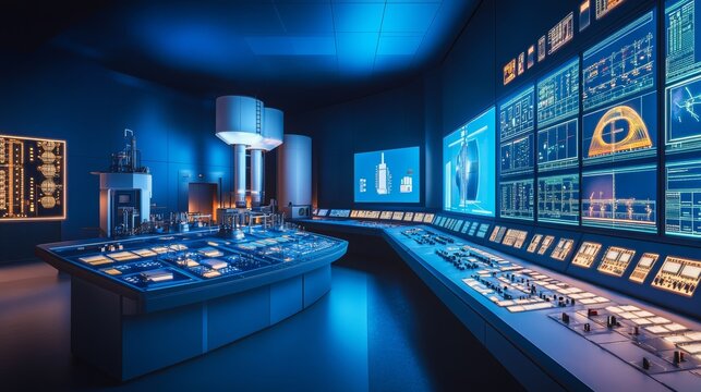 interior view of a nuclear control room with glowing digital panels, holographic reactor models, and advanced monitoring systems, illuminated by soft blue and white lighting - Powered by Adobe