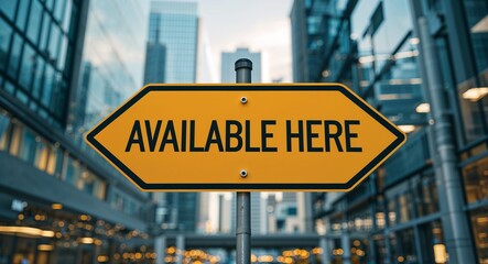 Obraz premium Available here text on road sign in middle of modern business city background