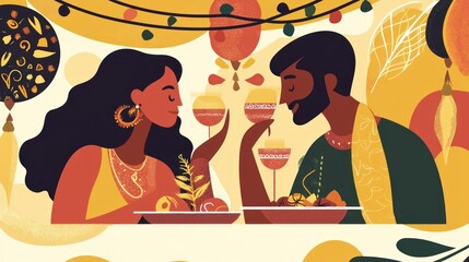 Romantic Dinner with Exotic Food and Cocktails in Vibrant Colors