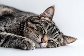 Fototapeta premium A tabby cat with closed eyes sleeps soundly on a plain white surface looking peaceful and relaxed