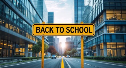 Obraz premium back to school text on road sign in middle of modern business city background
