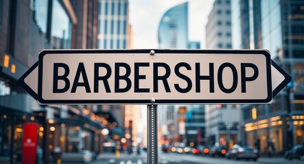 Barbershop text on road sign in middle of modern business city background