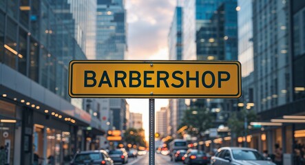 Obraz premium Barbershop text on road sign in middle of modern business city background