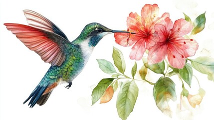Hummingbird and Hibiscus Watercolor Painting
