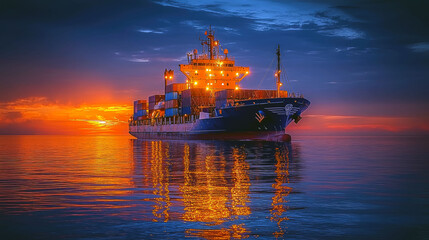 Obraz premium Majestic Cargo Ship at Sunset: A Stunning View of Global Trade and Maritime Transportation