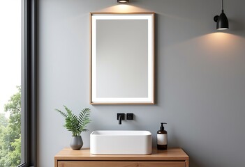 長方形の垂直ミラー：モダンなバスルーム、シンクの上、クリーンなインテリア、製品写真、正面図、ミニマリストデザイン、家の装飾、壁の備品、バスルームの設定

