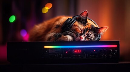 Calico Cat Napping on Stereo with Headphones