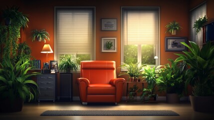 Serene Living Room with Red Recliner, Abundant Greenery, and Soft Lighting