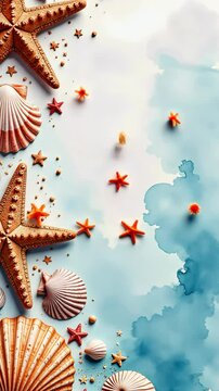 Three orange stars are on a blue background. There are also some shells in the background. The stars are arranged in a row