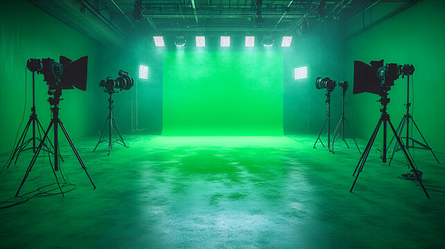 Green illuminated stage with professional lighting, fog machine effects, industrial concrete floor, and a cinematic atmosphere in a futuristic, tech-inspired space