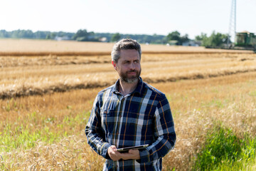 Technology of modern agriculture. Farmer man working on field with tablet. Hispanic farmer with tablet check harvest. Crop harvest. Farmer agronomist man with tablet in field. Monitoring growth