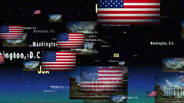 Particle animation of an illustration of the American flag and The White House with USA text and Washington,D.C. text. Animation of American symbols.