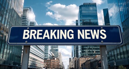 Obraz premium breaking news text on road sign in middle of modern business city background