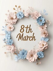 This elegant March 8 card showcases a floral wreath made of soft pink and blue flowers, highlighting the date to honor Women's Day and celebrate femininity