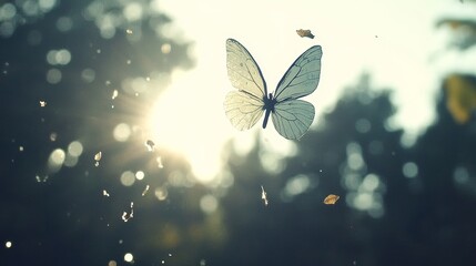 Serene Butterfly Flight Through Sunlit Woods