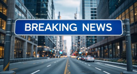 Obraz premium breaking news text on road sign in middle of modern business city background